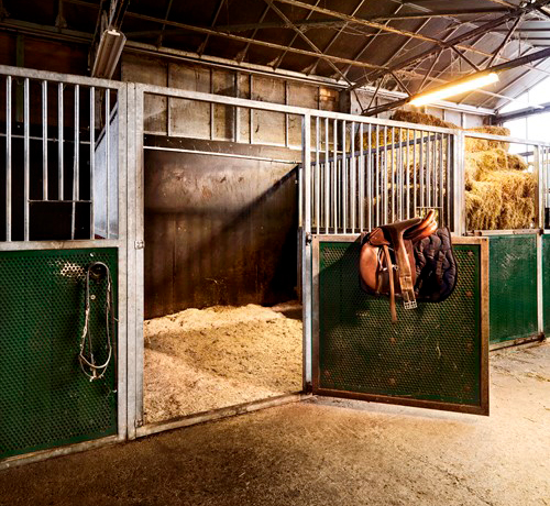 A vacant stable with the door open