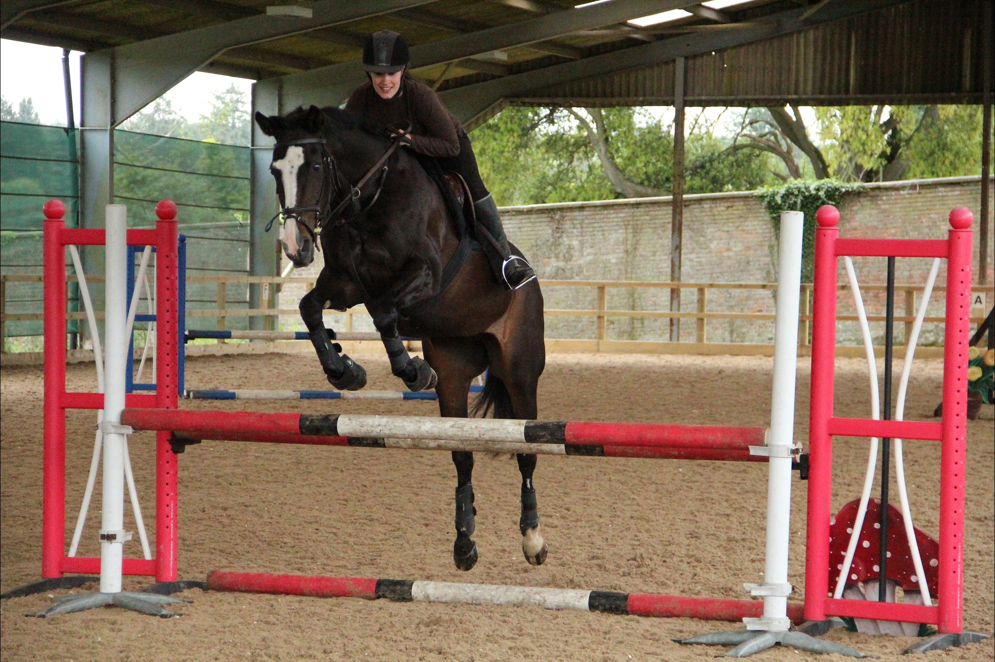 Alex and Summer jumping over a fence in an arena